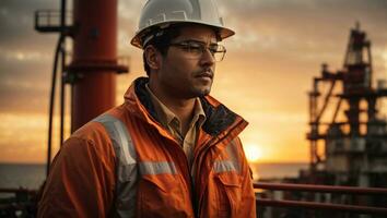 portret van een Mens olie tuigage arbeider met een helm in voorkant van de offshore tuigage met zonsondergang achtergrond. ai generatief foto