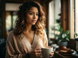 mooi vrouw Holding een kop van koffie in de ochtend, jong vrouw in een knus huis met heet drankje. ai generatief foto