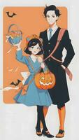 een spookachtig broer of zus avontuur voorbereidingen treffen voor halloween in anime stijl met gemakkelijk achtergrond foto