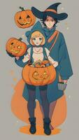 een spookachtig broer of zus avontuur voorbereidingen treffen voor halloween in anime stijl met gemakkelijk achtergrond foto