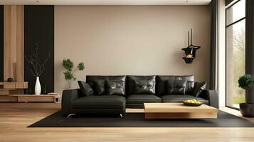 modern interieur met zwart sofa en parket verdieping 3d renderen foto