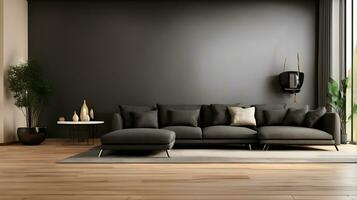 modern interieur met zwart sofa en parket verdieping 3d renderen foto