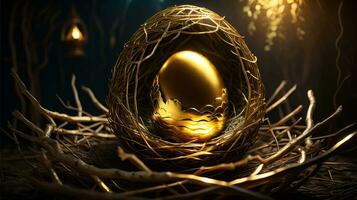 nieuw gouden ei in vogel nest Aan donker leisteen de gouden ei in de nest generatief ai foto
