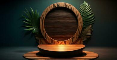 foto hout podium mockup van kleurrijk voor Product presentatie tropisch bladeren genereren ai