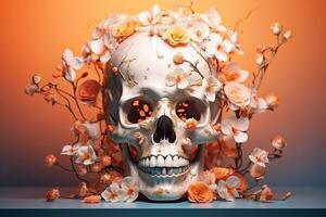 ai gegenereerd achtergrond kunst spookachtig skelet schedel dood bloemen gotisch symbool decor stijl illustratie hoofd roos wijnoogst menselijk halloween dood bot bloem ontwerp foto