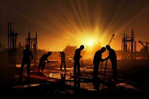 ai gegenereerd aannemer concept zonsondergang samenspel bouw project werk team industrieel plaats ingenieur veiligheid silhouet mensen werk bedrijf foto