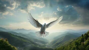 ai gegenereerd vrij religie vliegend symbolen veer schoonheid Vleugels hoop natuur vlucht lucht zuiverheid duif vrijheid wit vrede duif vogel hoog dier foto