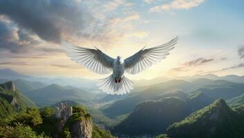 ai gegenereerd zuiverheid religie vrede vogel vrij natuur hoop duif Vleugels dier duif wit lucht vrijheid vlucht blauw vliegend symbool lucht foto