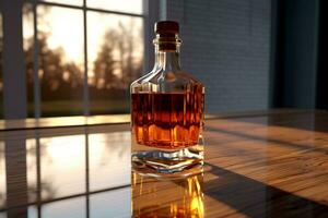 mockup van een whisky of likeur fles Aan een natuurlijk stijl achtergrond foto