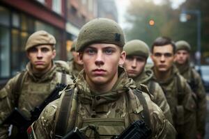 ai gegenereerd groep gewapend geweer dwingen ceremonie dag oorlog redactioneel mannen optocht camouflage stad leger leger persoon viering wapen soldaten evenement straat uniform foto