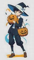 voorbereidingen treffen voor halloween een jong jongen en zijn pompoen in anime stijl met gemakkelijk achtergrond foto