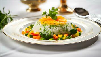 een bord met rijst, groenten en een wortel ai generatief foto