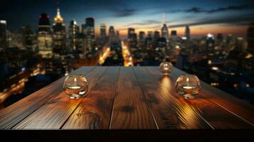 ai-gegenereerd oppervlakte van houten tafel en visie van groot modern stad van bovenstaand achtergrond foto