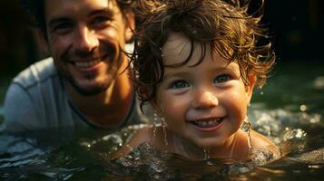 ai-gegenereerd vader en zoon glimlach en lach blij, vader knuffels en geeft les zijn zoon naar zwemmen in de water in de zee of zwembad, concept van vaderlijk liefde en onderwijs foto