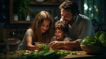 gelukkig familie van vader, dochter en zoon maken salade in de keuken.ai generatief foto