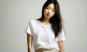 jong Aziatisch vrouw vervelend een wit linnen t-shirt.generatief ai. foto