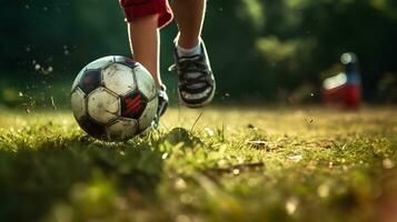 detailopname poten kind mannetje vrienden spelen Amerikaans voetbal in de achtertuin.ai generatief foto