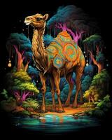 een kameel dier in de betoverd bossen is over landschappen en bossen kleurrijk illustratie achtergrond foto