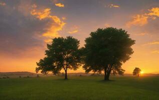 met gras begroeid landschap met een boom en regenwolk met een mooi zonsondergang. ai gegenereerd. foto