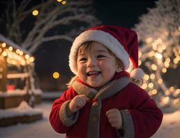 ai generatief, schattig kind in de kerstman claus kostuum Aan wazig besneeuwd Kerstmis vooravond achtergrond foto