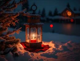 ai generatief een levendig knus lantaarn decoratie Kerstmis nacht foto