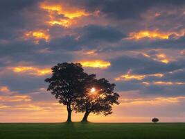 met gras begroeid landschap met een boom en regenwolk met een mooi zonsondergang. ai gegenereerd. foto