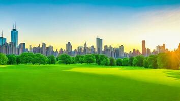 visie van de groen hout begraafplaats in Brooklyn met Manhattan stad horizon mooi zonsondergang. ai gegenereerd. foto