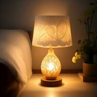 klein lamp gloeiend in slaapkamer nacht stellage, dichtbij omhoog, afm kamer. ai gegenereerd. foto