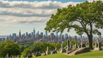 visie van de groen hout begraafplaats in Brooklyn met Manhattan stad horizon mooi zonsondergang. ai gegenereerd. foto