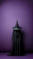een zwart heks mannequin Aan Purper achtergrond met kopiëren ruimte. halloween decoratie. halloween concept. generatief ai. foto