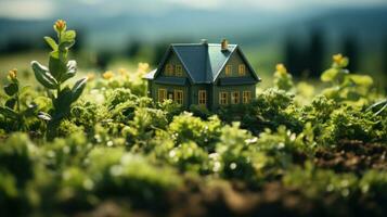 miniatuur model- huis Aan groen gras met wazig bergen achtergrond. echt landgoed concept foto