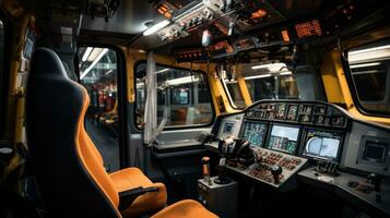 interieur visie van een metro trein cabine met controle paneel. foto