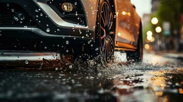 auto in de regen met water spatten Aan de weg. foto