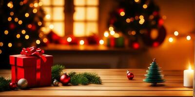 houten tafel en geschenk decoraties met wazig Kerstmis boom achtergrond.generatief ai. foto