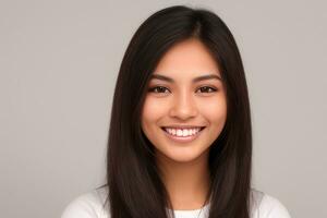 detailopname foto portret van een mooi jong Aziatisch vrouw glimlachen met schoon tanden Aan grijs achtergrond.generatief ai.