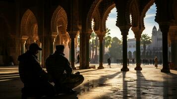 twee moslim soldaten mannen bidden in de binnenplaats van de jama masjid moskee in Delhi, Indië. foto