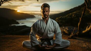 karate Mens in kimono zittend Aan de strand gedurende zonsondergang. foto