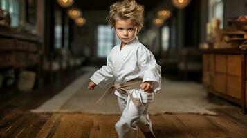 weinig jongen in kimono is opleiding in een karate klas. foto