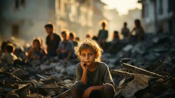 verdrietig jongen zittend Aan de grond en op zoek Bij de camera tegen vernietigd van oorlog gebouw. Israël en Palestina oorlog concept. foto