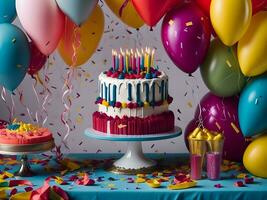 verjaardag viering met kleurrijk ballonnen, een taart, en een glinsterende met confetti bedekt achtergrond ai genereren foto