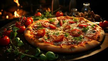 ai-gegenereerd heerlijk Italiaans pizza met peperoni en tomaten foto