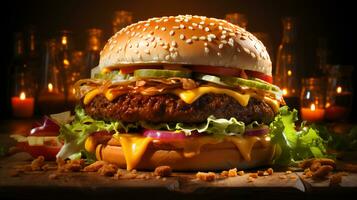 ai-gegenereerd heerlijk groot hamburger met rundvlees vlees pasteitjes en kaas foto