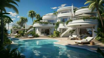 ai-gegenereerd groot wit vakantie villa, ontspannende vakantie huis omringd door palm bomen in een tropisch warm land toevlucht foto