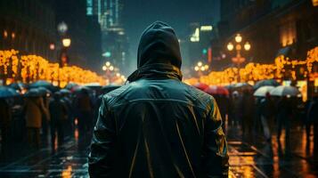 ai-gegenereerd Mens in een jasje met een kap in de stad Bij nacht visie van de rug, concept van internet misdaden cyber misdaden en hackers foto