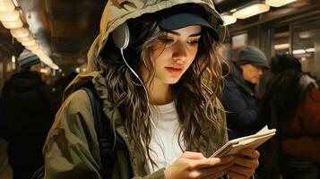 ai-gegenereerd mooi jong vrouw met een boek in haar handen in een metro auto. detailopname van een vrouw gezicht foto
