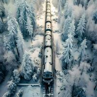 antenne visie van trein in besneeuwd winter Woud. generatief ai. foto