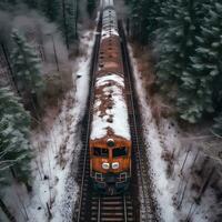 antenne visie van roestig trein in ongetemd Woud. generatief ai. foto