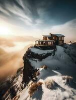 bergtop luxe generatief ai creëert een verbijsterend met sneeuw bedekt top huis foto