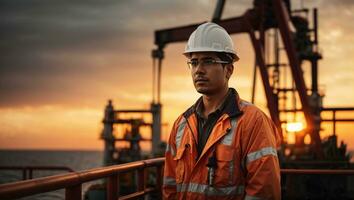portret van een Mens olie tuigage arbeider met een helm in voorkant van de offshore tuigage met zonsondergang achtergrond. ai generatief foto