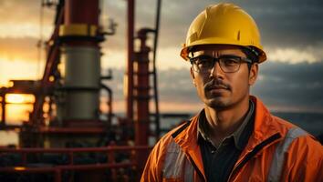 portret van een Mens olie tuigage arbeider met een helm in voorkant van de offshore tuigage met zonsondergang achtergrond. ai generatief foto